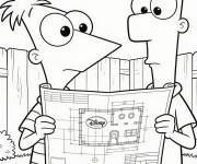 Coloriage Phineas et Ferb &eacute;tudie le plan