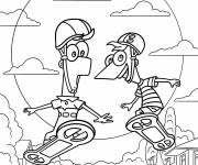 Coloriage Phineas et Ferb font du skateboard