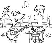Coloriage Phineas et Ferb Le groupe de musique dans le jardin