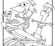 Coloriage Phineas et Ferb s'amusent en surfing