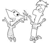 Coloriage Phineas et Ferb sautent de joie