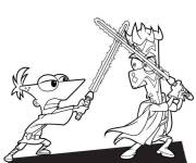 Coloriage Phineas et Ferb se battent &agrave; l'&eacute;p&eacute;e