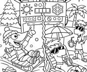 Coloriage Phineas et Ferb se profitent de la neige et du soleil
