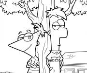 Coloriage Phineas et Ferb sur l'arbre