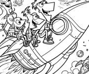 Coloriage Phineas et Ferb sur un fus&eacute;e dans l'espace