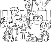 Coloriage Phineas et ses voisins en jouant dans le jardin