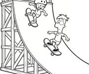 Coloriage Phineas fait du skate sur une m&eacute;ga rampe