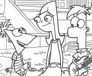 Coloriage Phineas, Ferb et Candace en pique-nique