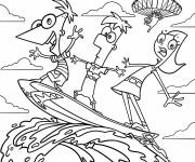 Coloriage Phineas, Ferb et Candace font du surf