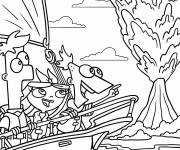 Coloriage Phineas, Ferb et Isabella observent une &eacute;ruption volcanique
