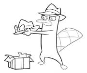 Coloriage Phineas offre un cadeau &agrave; Perry en chapeau