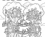 Coloriage Robots de Phineas construisent un village de cabanes