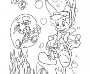 Coloriage Pinocchio et Criquet en mer