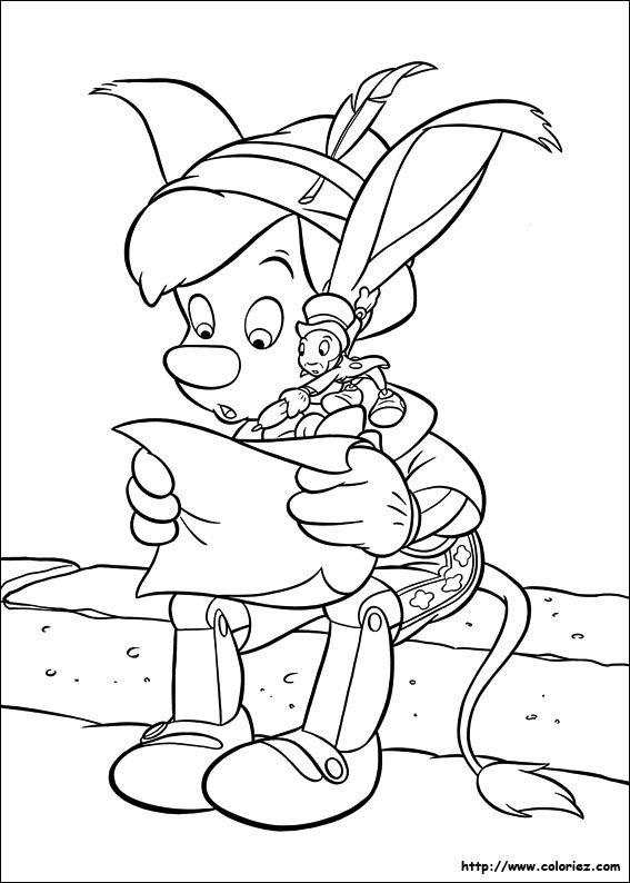 Coloriage et dessins gratuits Pinocchio et Jiminy Cricket lisent une feuille à imprimer