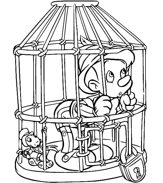 Coloriage et dessins gratuits Pinocchio et son ami Jiminy dans la cage à imprimer