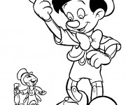 Coloriage Pinocchio marche avec Jiminy