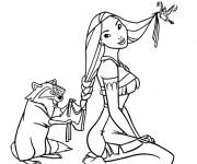 Coloriage Meeko fait une tresse aux cheveux de Pocahantas