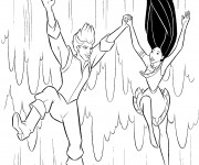 Coloriage Pocahontas et John sautent d'une cascade d'eau