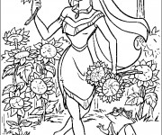 Coloriage Pocahontas Pocahantas cueille les fleurs de tourne sol avec Flit