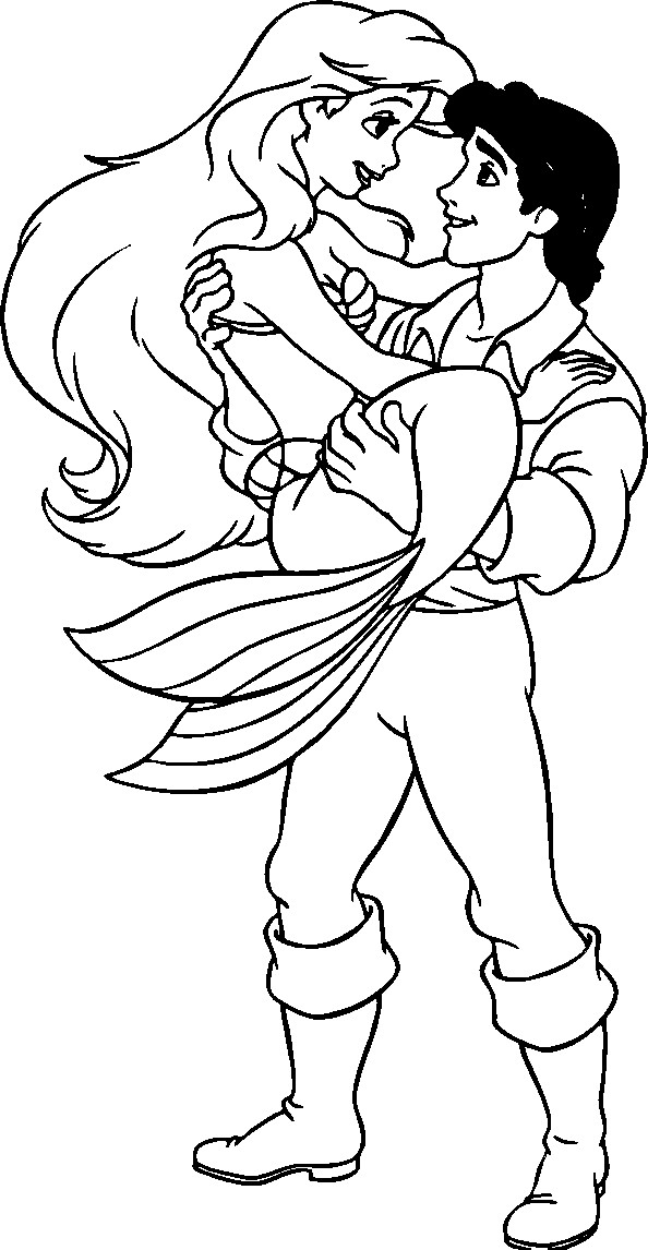 Coloriage Prince Eric prend Princesse Ariel en ses bras