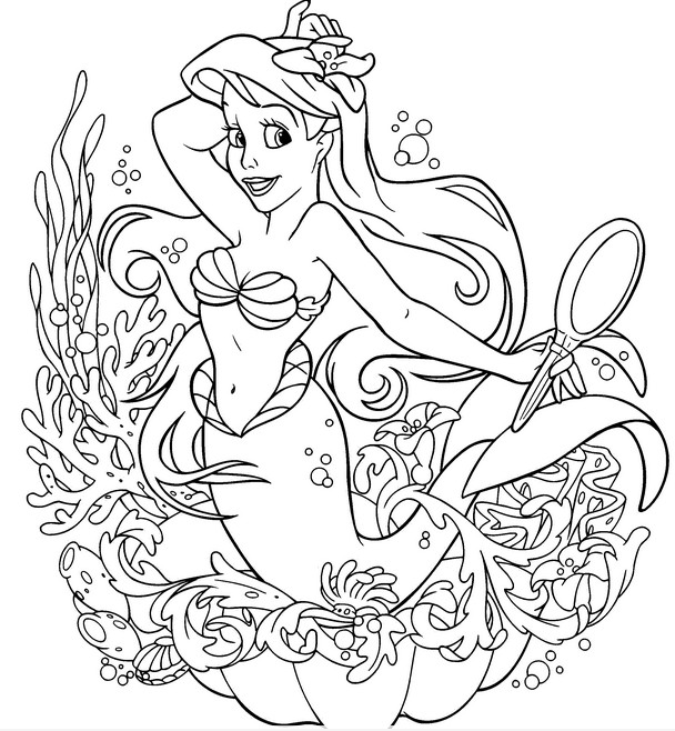 Coloriage et dessins gratuits Princesse Ariel entouré des algues à imprimer