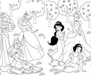 Coloriage Les princesses Disney dans la foret