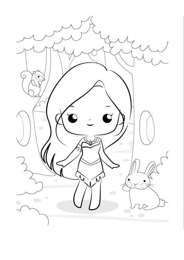 Coloriage et dessins gratuits Pocahontas la Princesse Disney Kawaii à imprimer