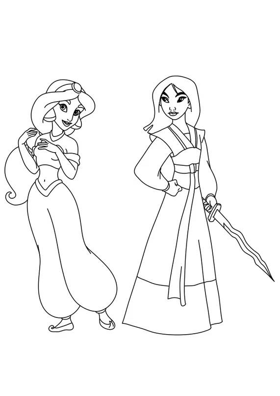 Coloriage et dessins gratuits Princesse Jasmine et princesse Mulan Disney à imprimer