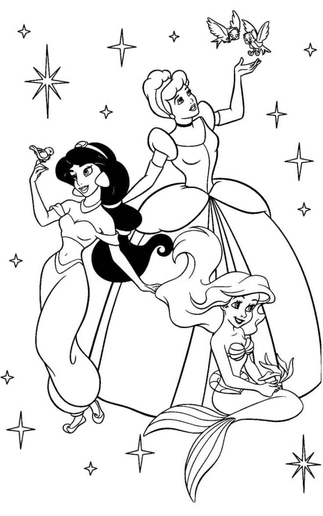 Coloriage et dessins gratuits Princesses Cendrillon, Jasmine et Ariel à imprimer