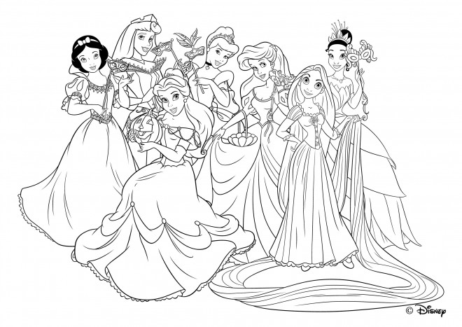 Coloriage et dessins gratuits Raiponce avec les autres princesses disney à imprimer