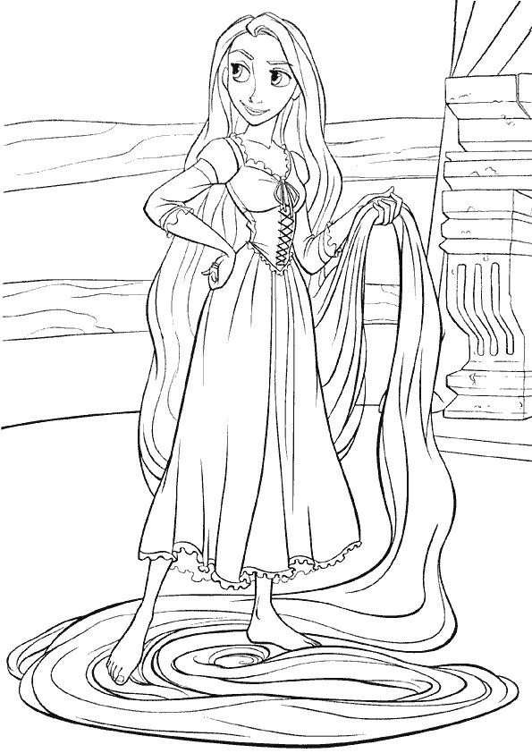 Coloriage Raiponce avec ses longs cheveux dessin gratuit à imprimer