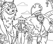 Coloriage Princesse Raya avec Sisu, Boun, Tong, Noi et les Ongis