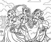 Coloriage Blanche-Neige, Aurore et Jasmine entour&eacute;es de fleurs