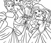 Coloriage Blanche-Neige, Jasmine, Tiana, Cendrillon et Ariel de Walt Disney