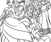 Coloriage Princesses de Walt Disney Ariel, Pocahontas, Tiana, Bell et Merid