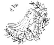 Coloriage Asha avec les fleurs et les papillons