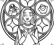 Coloriage Asha devant un vitrail avec Star et Valentino