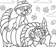 Coloriage Des &eacute;cureuils jouent avec une corne d'abondance pour Thanksgiving