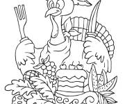 Coloriage Dinde de dessin anim&eacute; pr&ecirc;te &agrave; manger un repas de Thanksgiving