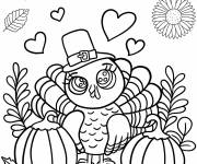 Coloriage Dinde de l'action de gr&acirc;ce mignonne kawaii avec des citrouilles