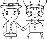 Coloriage Emoji gar&ccedil;on et d'une fille en costumes de l'action de gr&acirc;ce