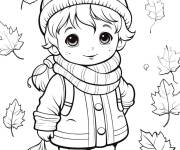 Coloriage Enfant mignon avec les feuilles de l'automne