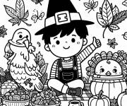 Coloriage Enfant p&egrave;lerin avec ses amis dindes pour la f&ecirc;te