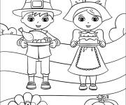 Coloriage Enfants en tenus de p&egrave;lerins pour Thanksgiving