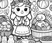 Coloriage et dessins gratuit Fille mignonne en priant entour&eacute;e par de l&eacute;gumes pour action de g à imprimer