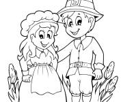 Coloriage Gar&ccedil;on et fille f&ecirc;tent l' Action De Gr&acirc;ce