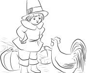 Coloriage Gar&ccedil;on p&egrave;lerin jouant avec un coq et des citrouilles