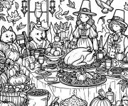 Coloriage Le diner de l'Action De Gr&acirc;ce avec des animaux