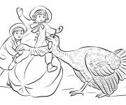 Coloriage Les enfants P&egrave;lerins en jouant avec le dinde
