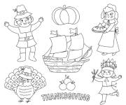 Coloriage Panneau de Thanksgiving avec dinde et bateau de p&egrave;lerins